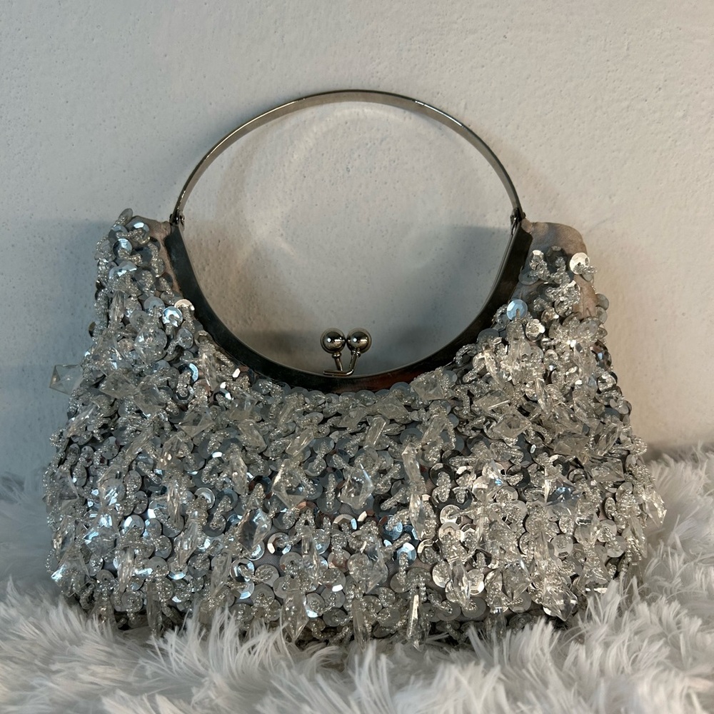 Silver Sequin Evening Handbag with Metal Handle